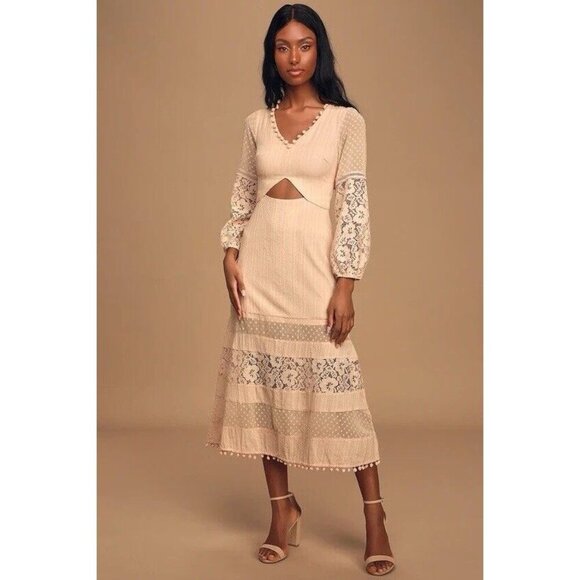 Lulus Modern Menagerie Blush Lace Cutout Long Sleeve Midi Cottagecore Dress Sz L - Picture 1 of 13